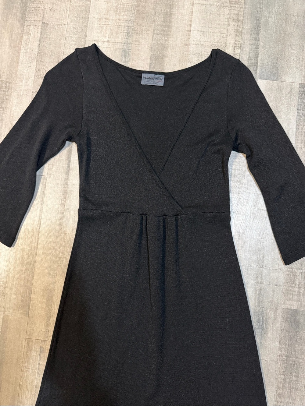 Michael Stars One Size Black Faux Wrap Midi Dress 3/4 Bell Sleeve Made USA